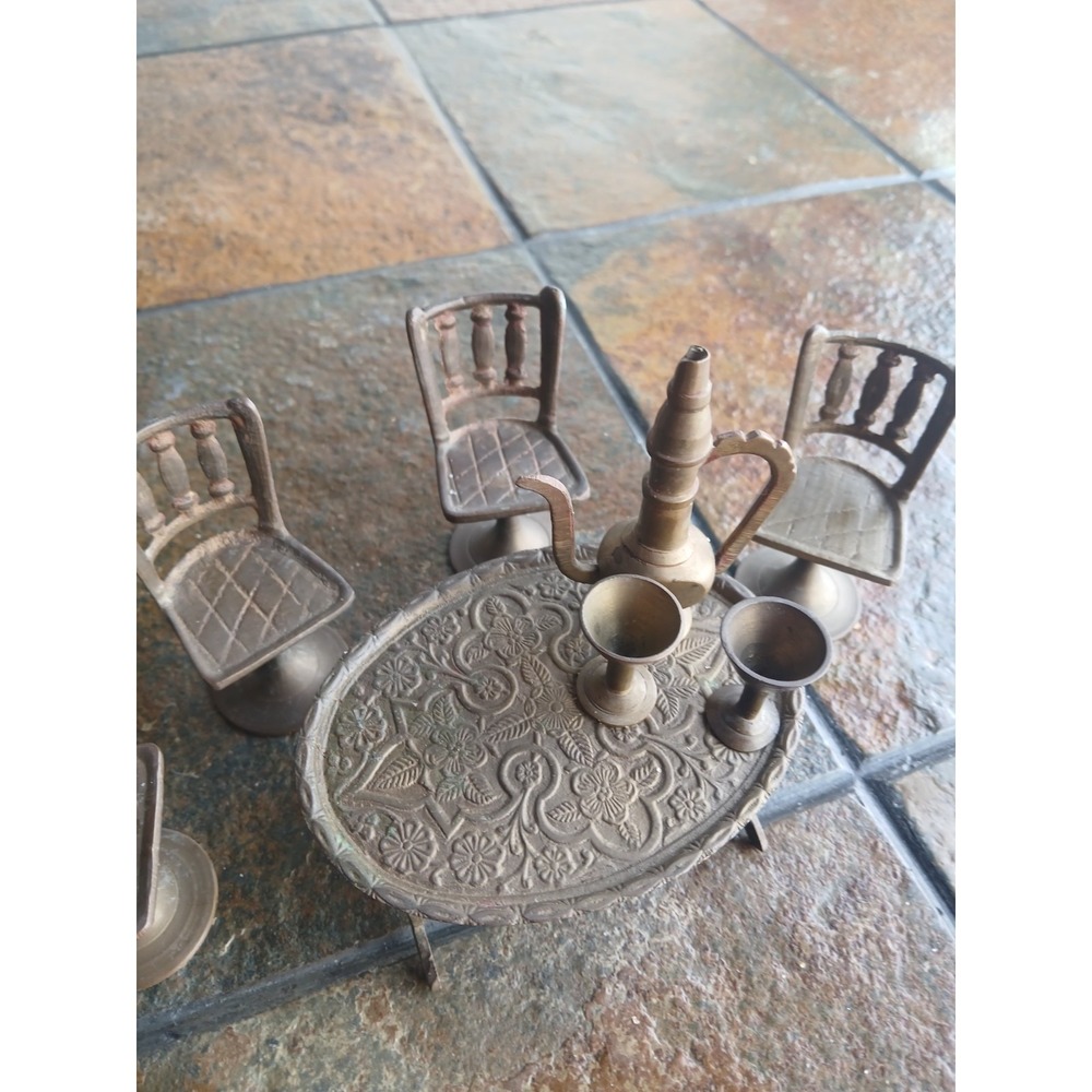 Ornate Floral Embossed Brass Miniature Tea Coffee Set 8pc Stamped USA Vintage - Picture 3 of 5